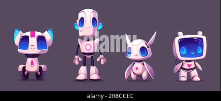 Cute ai robot evolution mascot cartoon vector set. Digital modern computer bot design icon isolated. Artificial intelligence mechanical companion friend for communication and education in internet. Stock Vector
