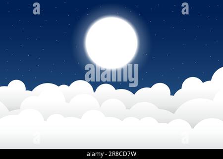 vector illustration fluffy clouds night scene with moon and stars Stock Vector