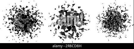 Set of debris and shatters in radial shape. Black and grey broken pieces, specks, speckles and particles. Abstract explosion and burst textured elements collection. Vector illustration  Stock Vector