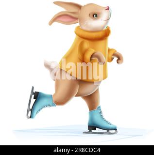 Cartoon style vector icon. Cute rabbit in sweater on ice scates. Stock Vector