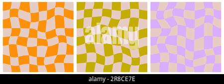Y2k checkered retro background. Cute square groovy abstract seamless pattern. Wavy chessboard for funky poster. 90s esign wallpaper set. Vector Stock Vector