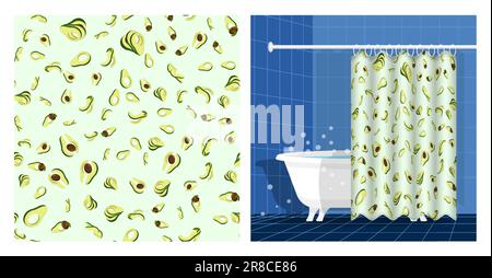 Bathroom interior with bathtub and curtain decorated Avocado cutting fruit seamless pattern. Avocado wedges and slices. Vector illustration, ornament Stock Vector