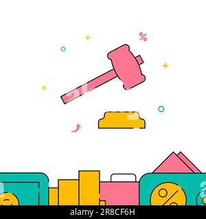Auction, judge gavel, law filled line vector icon, simple illustration, related bottom border. Stock Vector