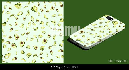 Modern smartphone in unique case decorated Avocado cutting fruit seamless pattern. Avocado wedges and slices. Isometric top view. Vector ornament for Stock Vector