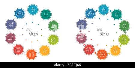 Ten circles each different color, connected with triangle arrows forming one larger circle - multiple steps process infographics Stock Vector