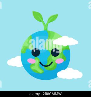 vector illustration of cute cartoon earth character with plant .suitable for earth day and go green day content Stock Vector