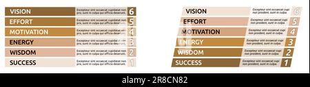Simple six steps or levels infographics, 6 beige brown bar with text, rectangular and slanted version Stock Vector
