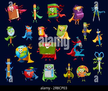 Cartoon school stationery superhero characters. Superhero vector textbook, pencil case, pen, bag and compass. Glass, eraser and sharpener, marker and globe, ruler, apple, calculator and scissors Stock Vector