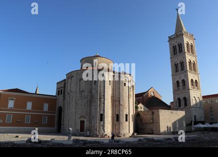 The city of Zadar and historical monuments with churches and a cathedral that are still in use today. The photos also show the coastal part of city. Stock Photo