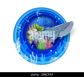 Cartoon underwater paper cut landscape banner with stingray, fish ...