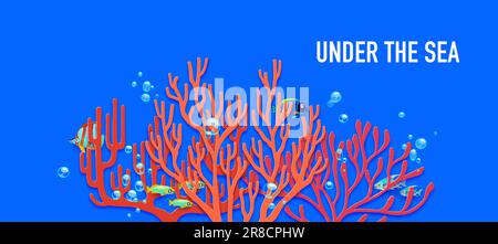 Save the ocean. Sea paper cut reef corals and tropical fishes swim in harmony, creating a mesmerizing underwater 3d vector scene that captures essence of marine life and ecosystem in stunning detail Stock Vector