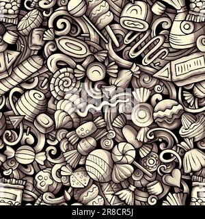 Cartoon doodles Candies seamless pattern. Backdrop with confectionery symbols and items. Monochrome detailed background for print on fabric, textile, Stock Vector