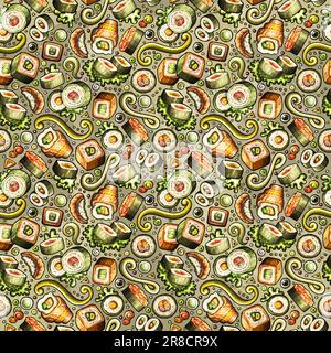 Cartoon cute hand drawn Japan food seamless pattern. Colorful with lots of objects background. Endless funny vector illustration. Bright colors backdr Stock Vector