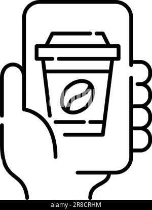 Ordering coffee online. Food delivery app. Hand holding a smartphone. Pixel perfect, editable icon Stock Vector