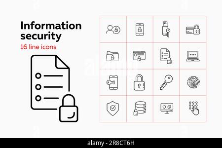Information security line icon set. Key, lock, password, data storage. Protection concept. Can be used for topics like information technology Stock Vector