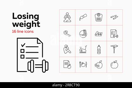 Losing weight icons. Set of line icons. Fitness, yoga, healthy eating, vegetarian food. Healthy lifestyle concept. Vector illustration can be used for Stock Vector