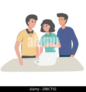 Elderly couple looking at laptop computer with smile in living room Vector illustration team work. Stock Vector