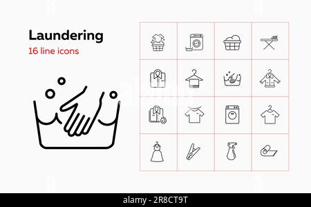 Laundering line icon set. Washing machine, hand wash, ironing. Laundry concept. Can be used for topics like facilities, service, cleaning Stock Vector