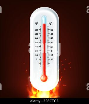 Cartoon style realistic vector icon. Hot thermometer on fire. Stock Vector