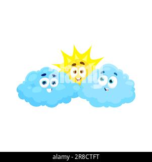 Cartoon cloud and sun weather characters. Vector cute, playful blue fluffy clouds with smiling faces and yellow solar personages with happy expression. Forecast, balance between sunny and cloudy days Stock Vector