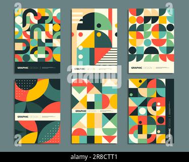 Bauhaus posters with geometric abstract patterns of vector circle, square, triangle and dot shapes. Retro simple color geometry backgrounds set for modern wall arts, cards and covers Stock Vector