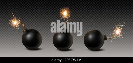 3d realistic vector icon set. Black round bombs with burning fuse under different angles, isolated on transparent background. Stock Vector