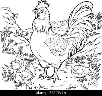 Bird farm coloring page. Hens and chicks linear illustration for coloring Stock Vector