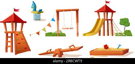 Isolated on white background. Collection of kids playground elements, slide, swing, castle, sand pit. Stock Vector