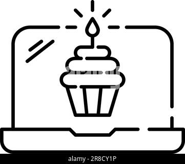 Birthday cupcake with candle on laptop. Anniversary celebration or promotion. Pixel perfect, editable stroke icon Stock Vector
