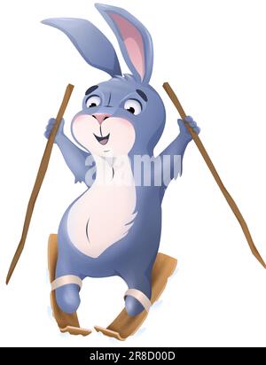 Cartoon style vector icon. Cute rabbit skiing. Stock Vector
