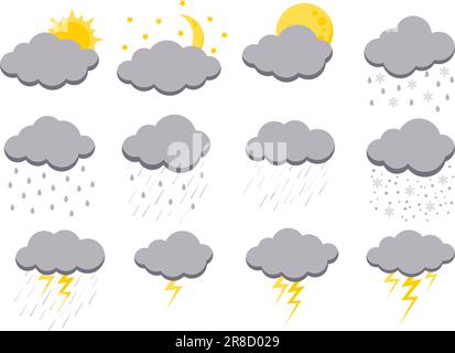 Clouds rain bad weather icon set isolated on white background. Illustration of rain, shower, lightning thunder and thunderstorm. Rainy cloud vector co Stock Vector