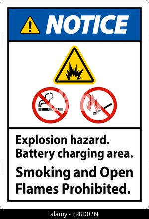 Notice Sign Explosion Hazard, Battery Charging Area, Smoking And Open Flames Prohibited Stock Vector