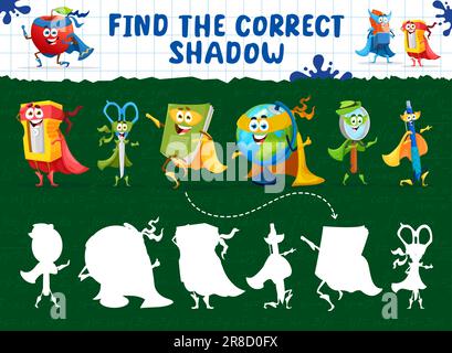 Find the correct shadow of cartoon stationery superhero characters kids game worksheet. Funny school supply personage silhouettes match puzzle quiz with pen, notebook, globe, scissors and sharpener Stock Vector