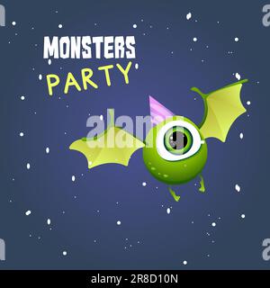 cute round green flying one-eyed monster. monster party invitation. Vector illustration Stock Vector