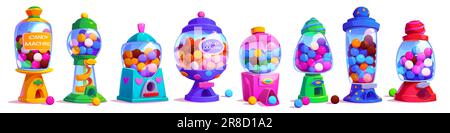 Gashapon candy vending machine toy with gum ball vector. Vintage isolated bubblegum plastic dispenser for random chewing sweet food. Different cartoon full robot of chew bubble with label ui asset Stock Vector