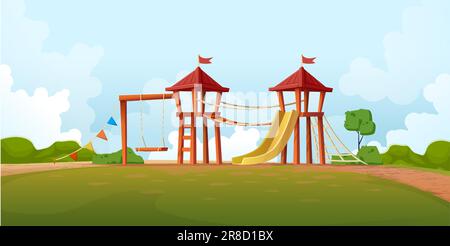 Isolated on white background. Cartoon style green fiels with kids outside playground with slides, swings and castle. Stock Vector