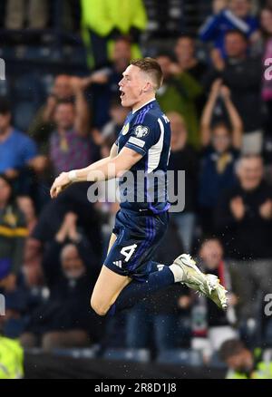 Glasgow, UK. 20th June, 2023. Scott McTominay of Scotland scores Scotland's 2nd goal during the UEFA European Championship Qualifying match at Hampden Park, Glasgow. Picture credit should read: Neil Hanna/Sportimage Credit: Sportimage Ltd/Alamy Live News Stock Photo