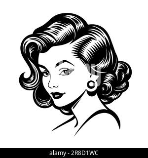 pretty retro-style woman with curly hair in black over white Stock Vector