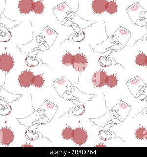 Seamless pattern of womans hand with wine glass, lipstick mark on it and winery blobs. Isolate. Vector. EPS. Happy Wine Day. One Line design for wrapp Stock Vector