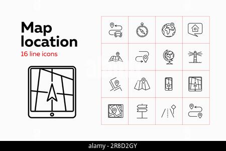 Map location line icon set. Compass, direction sign, globe. Navigation concept. Can be used for topics like route, itinerary, gps Stock Vector