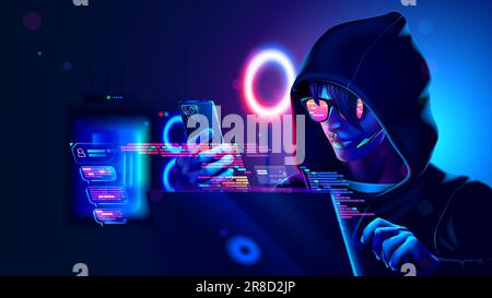 Hacker or phone scammer in hood hacking at computer and mobile smartphone in dark room. Computer criminal uses malware on phone to hack devices. Hacke Stock Vector