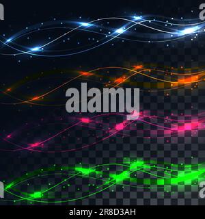 Set of multicolored abstract lines of energy magical electric magic lines of waves on a translucent dark squared background of squares. Vector illustr Stock Vector