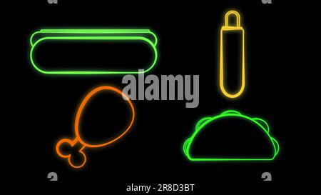 Food neon sign vector collection. Set neon logos, emblems, symbols, Pizza House, American Hot Dog, Hot Chicken, Burger Delivery, Chef Bekery, Tacos ca Stock Vector