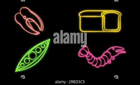 Set line Bread loaf, Christian fish, Easter egg and Broken egg. Glowing neon icon on brick wall. Vector. Stock Vector