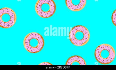 Seamless pattern, texture from round sweet flour tasty donuts to nourishing hot fresh, baking, sugar-coated cookies in a pink caramel candy store on a Stock Vector