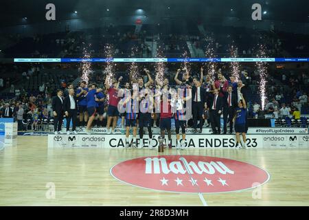 Barcelona players celebrate the victory of during Final Playoff of Liga ACB Endesa basketball match between Real Madrid and FC Barcelona at Wizink Cen Stock Photo