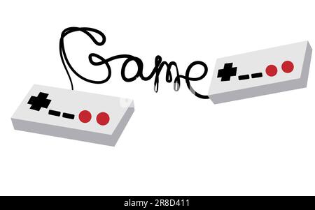 Two black and white old retro hipster joysticks manipulating consoles from the 80's, 90's for video game consoles and inscription game written by wire Stock Vector