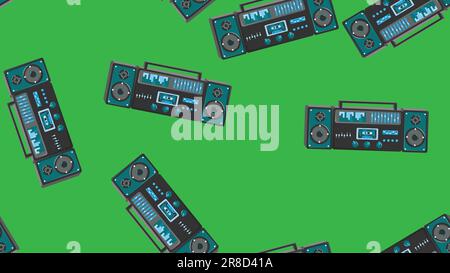 Seamless pattern endless with music audio cassette old retro tape recorders vintage hipster from 70s, 80s, 90s isolated on green background. Vector il Stock Vector