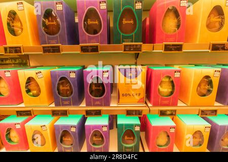 England, London, Knightsbridge, Harrods, Display of Discounted Colourful Easter Eggs Stock Photo