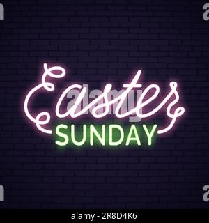 Easter Sunday neon lettering with bunny Stock Vector